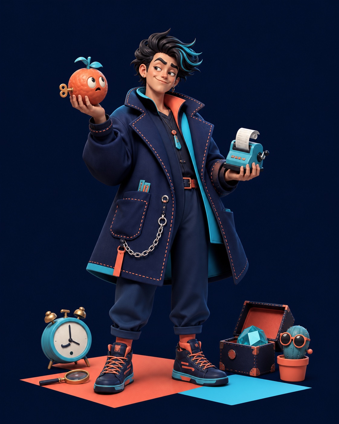 An expressive collectible dealer surrounded by strange market props