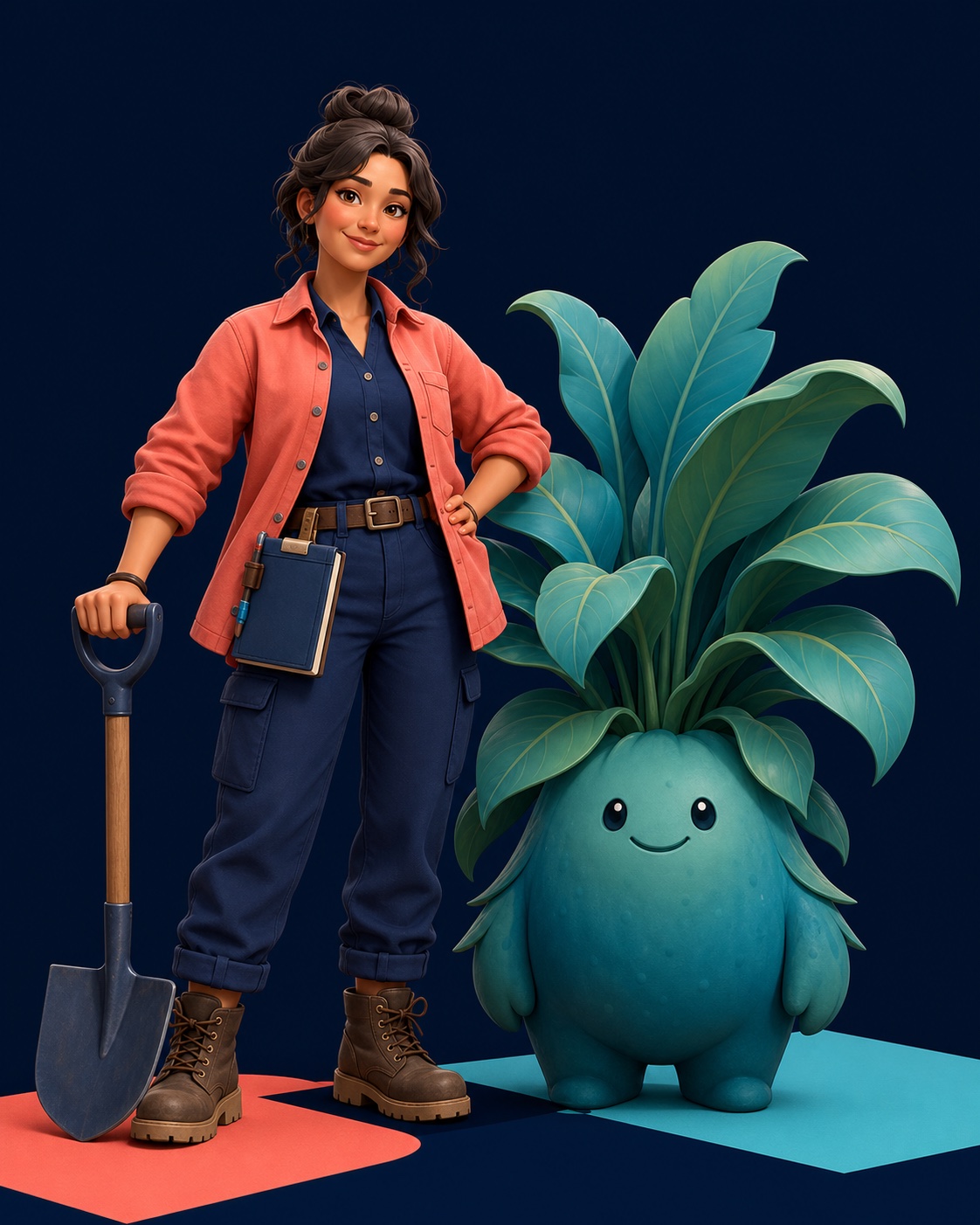 A relaxed garden keeper standing beside an oversized plant companion
